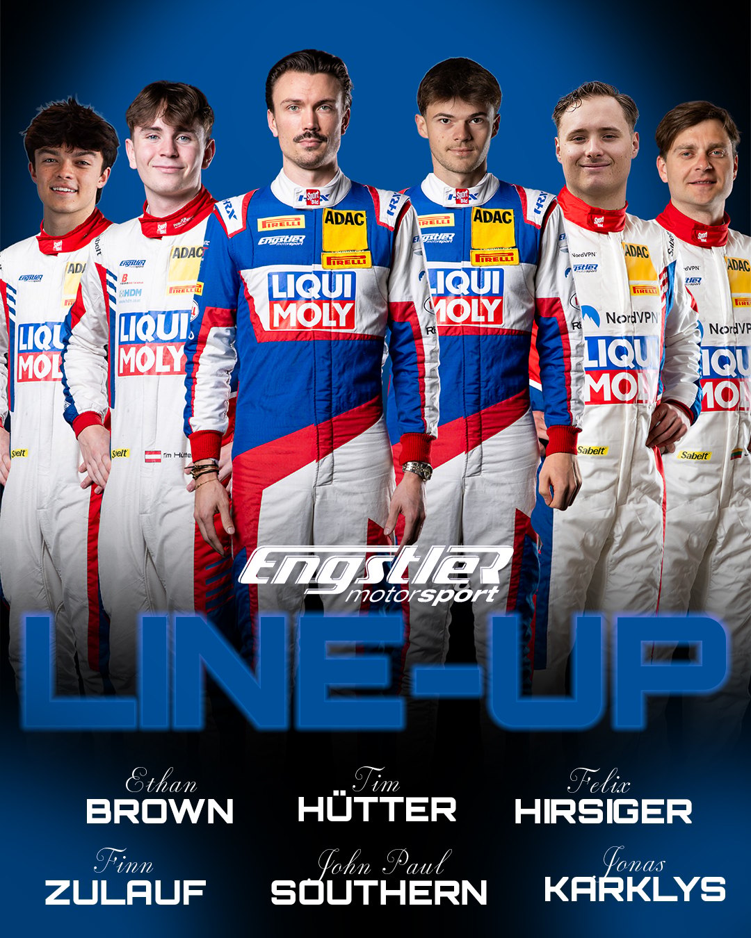 Mit diesen sechs Piloten startet das Liqui Moly Team Engstler Motorsport 2026 im ADAC GT Masters (Foto: Liqui Moly Team Engstler Motorsport)